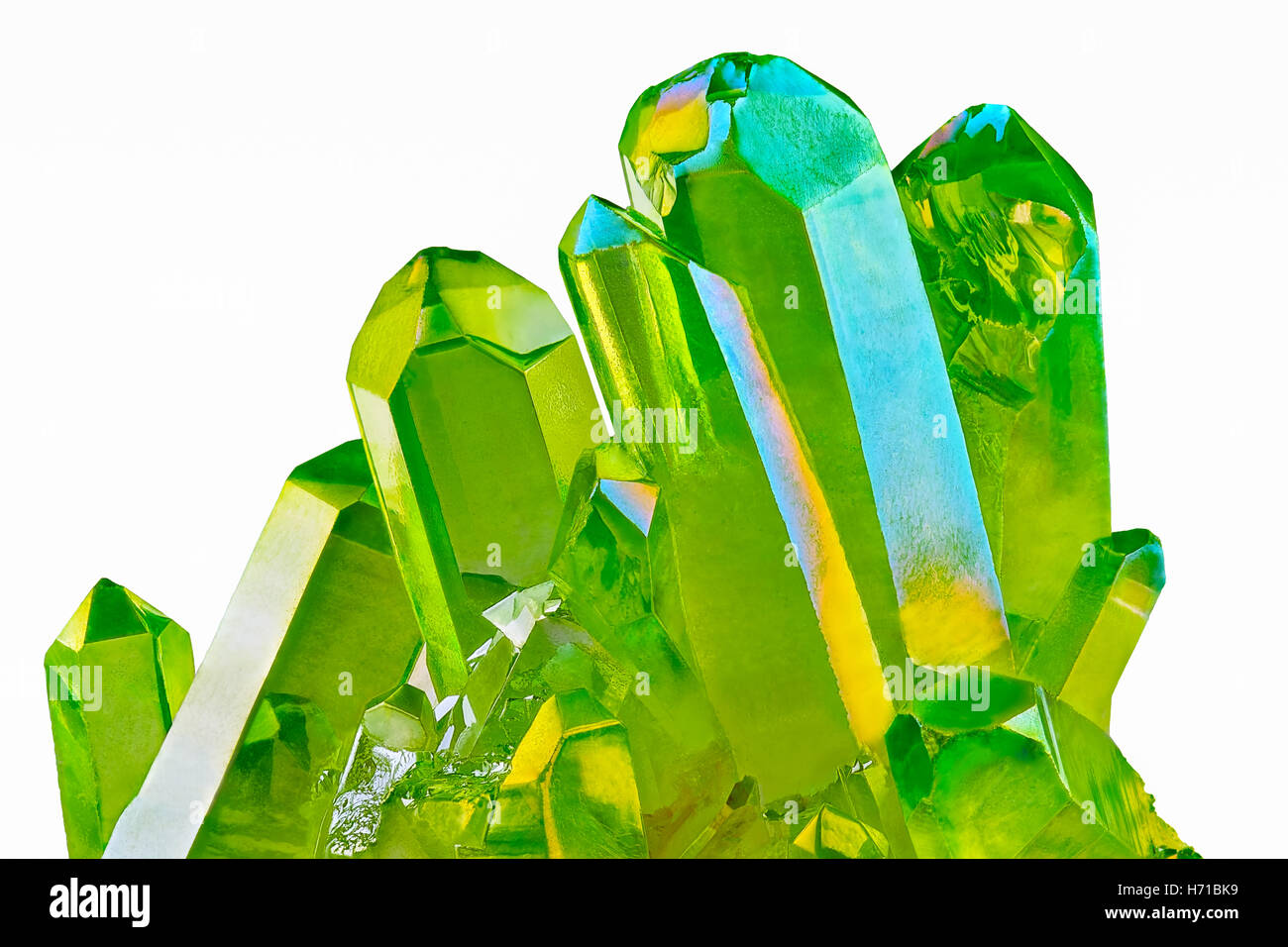 Rare shiny Green Quartz Titanium Aura Crystal cluster on white