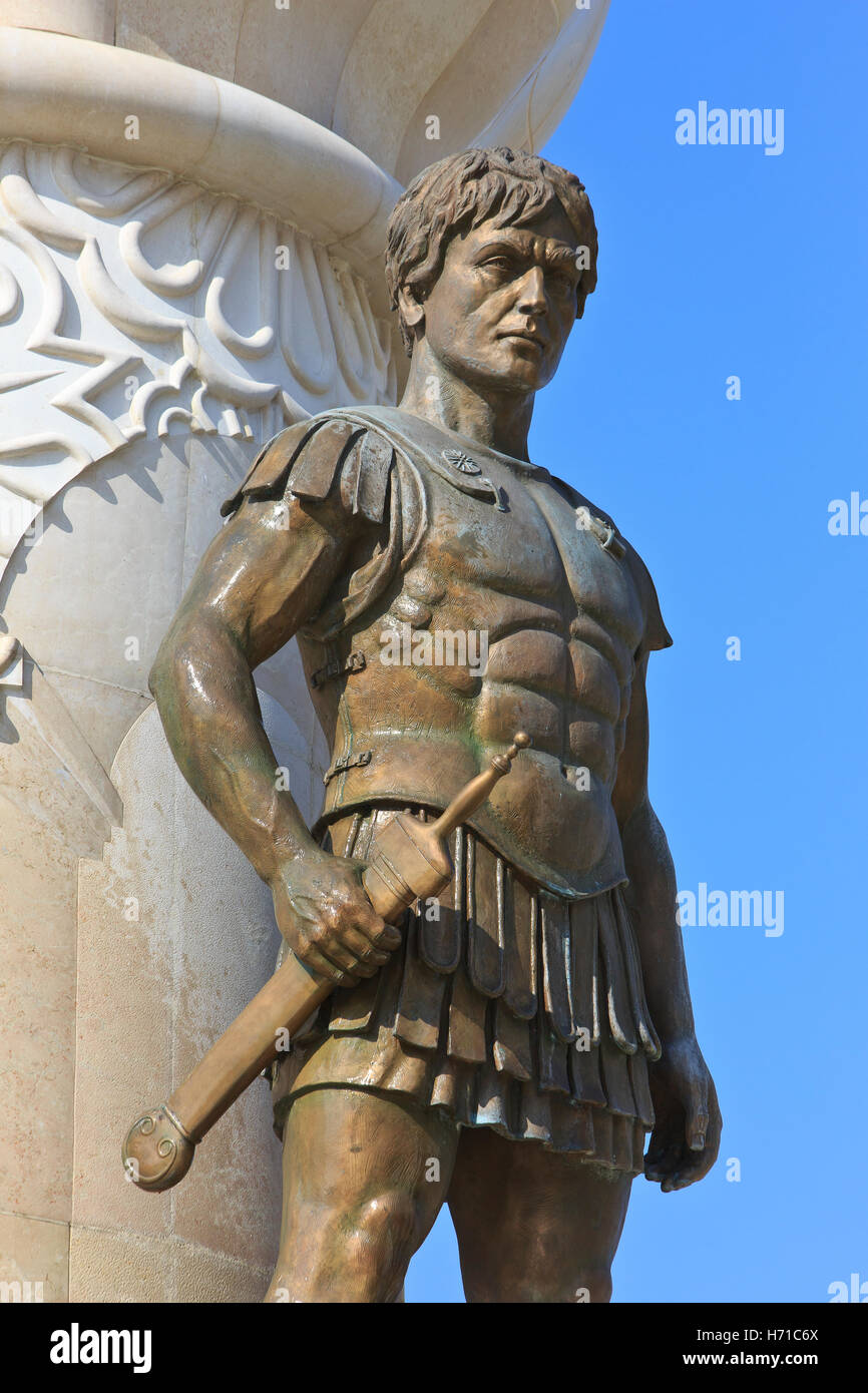Closeup of a statue of a Macedonian warrior at the Philip II Fountain
