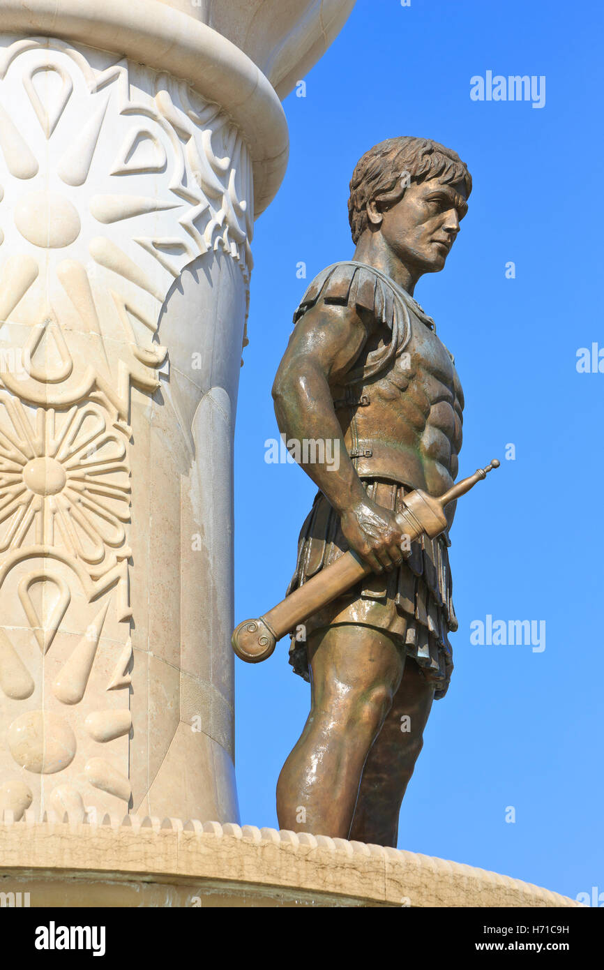 Closeup of a statue of a Macedonian warrior at the Philip II Fountain ...