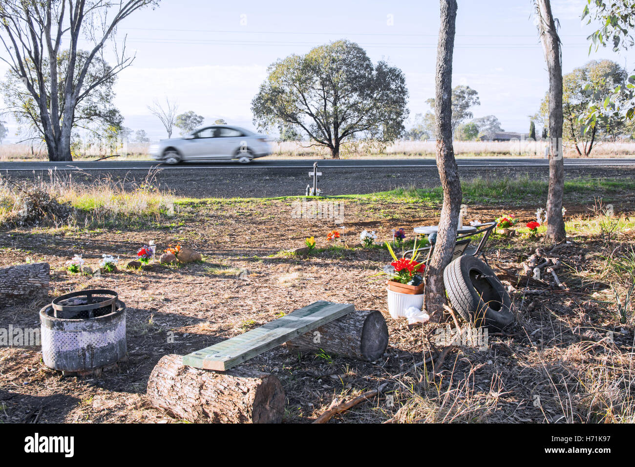 Elaborate Roadside Memorial Carved out of the bush in rural NSW Australia. Stock Photo