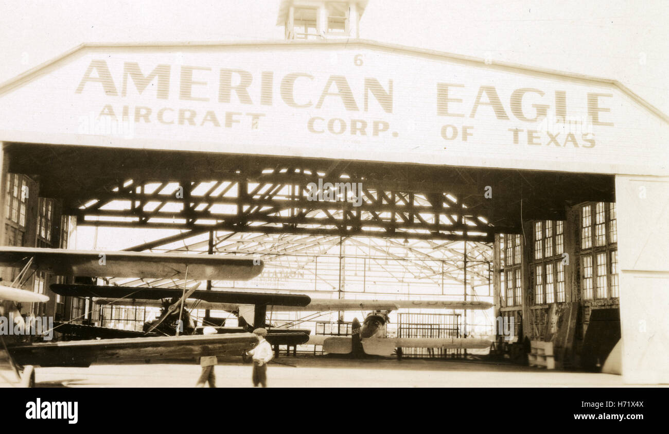 Antique c1930 photograph, American Eagle Aircraft Corporation of Texas hangar at Love Field in Dallas, Texas. The company was (at least partly) a flying school for training pilots. SOURCE: ORIGINAL PHOTOGRAPHIC PRINT. Stock Photo