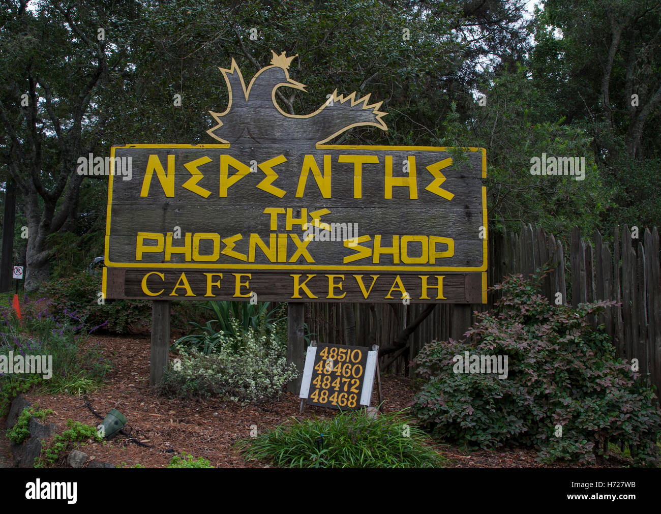 Sign to Nepenthe, the famous restaurant on Highway 1, in Big Sur, California. Stock Photo