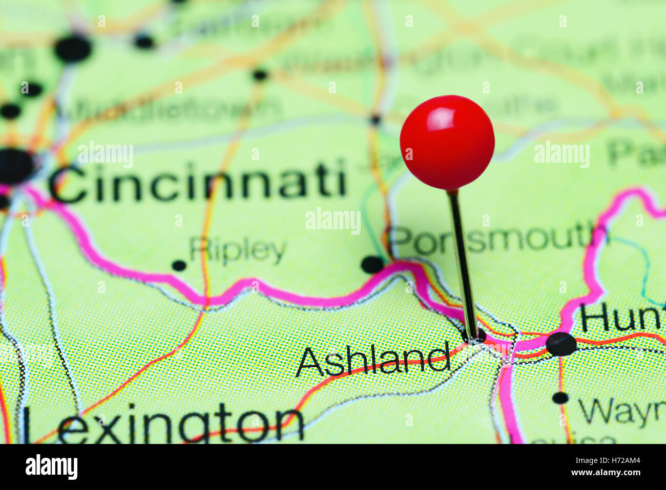 Ashland pinned on a map of Kentucky, USA Stock Photo