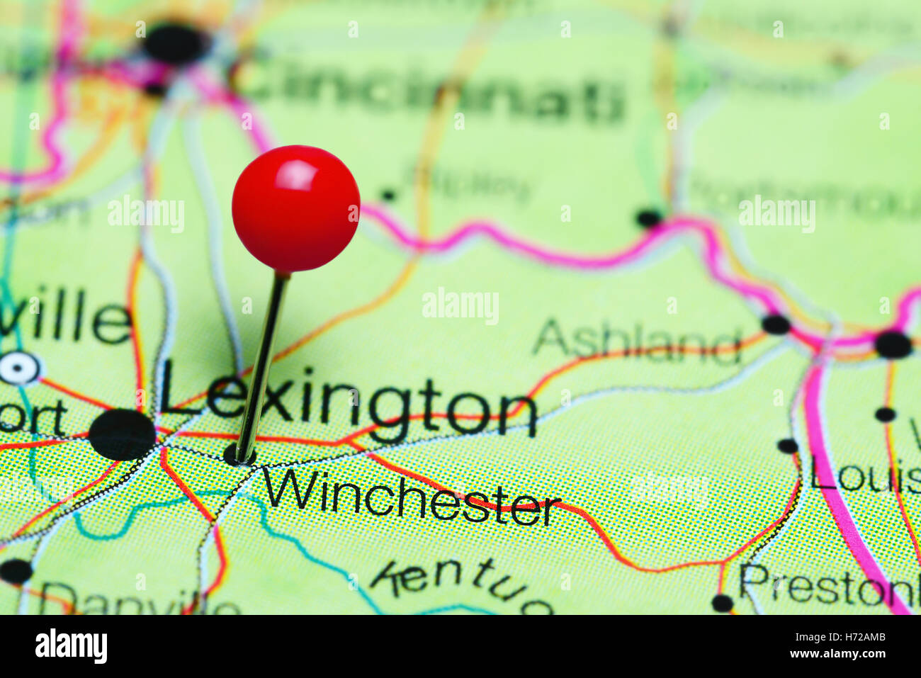 Winchester pinned on a map of Kentucky, USA Stock Photo