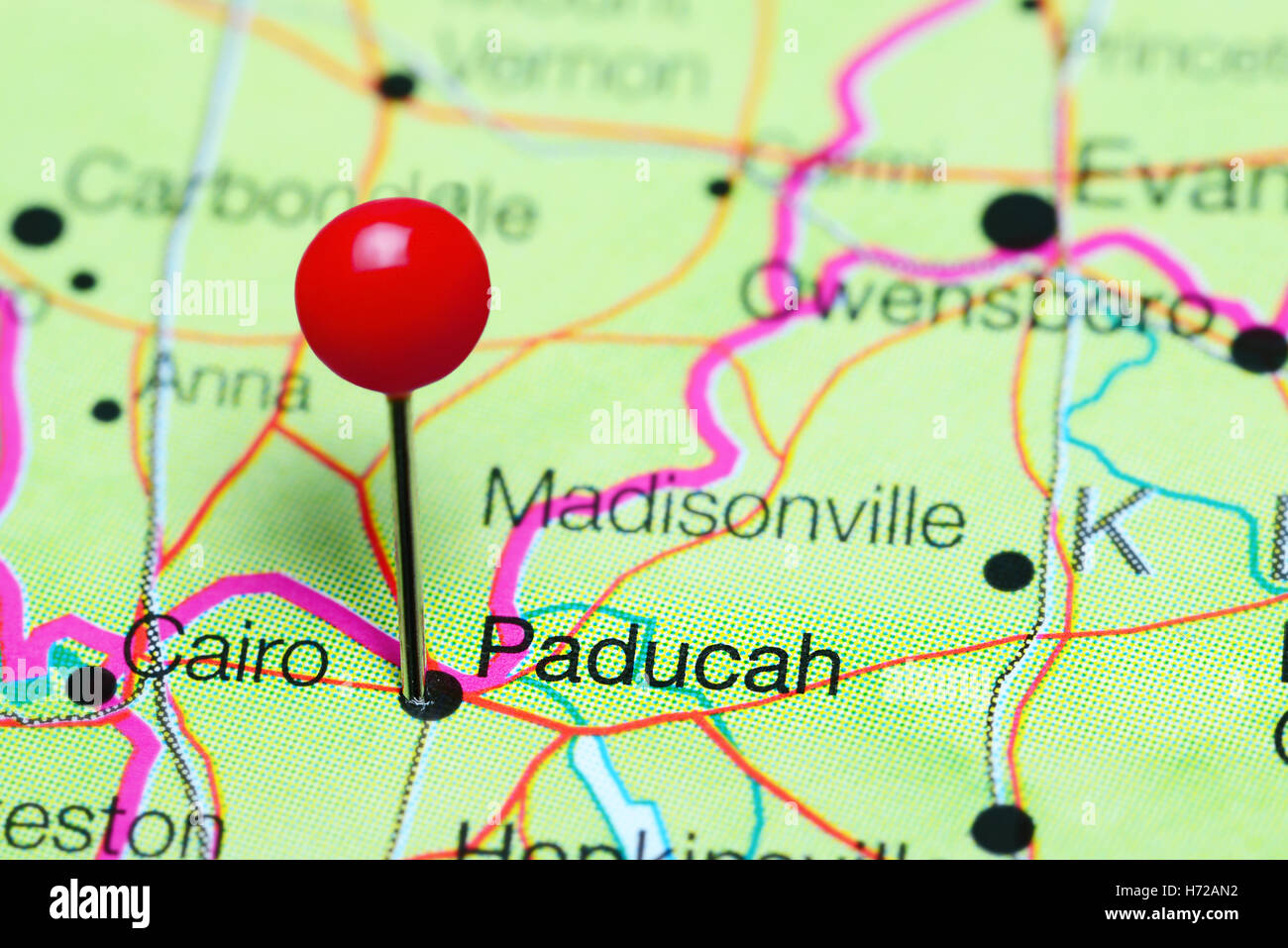 Paducah pinned on a map of Kentucky, USA Stock Photo