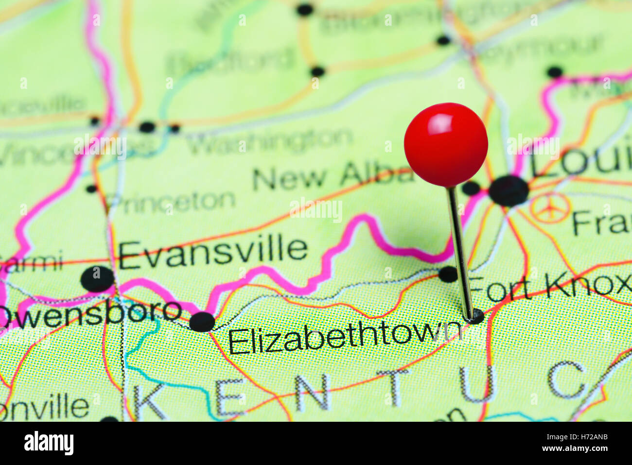 Elizabethtown pinned on a map of Kentucky, USA Stock Photo