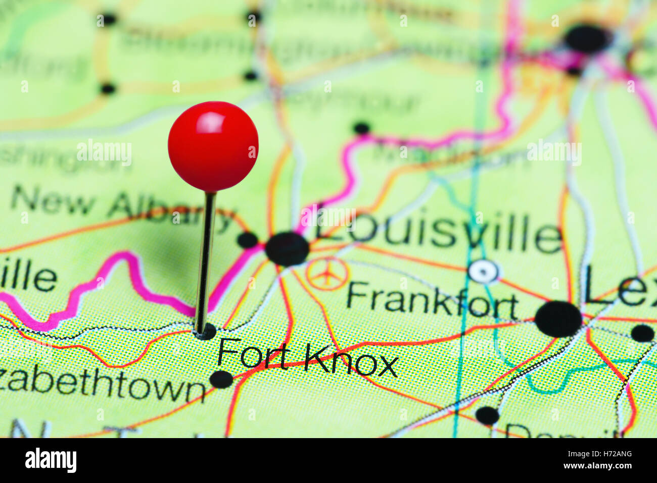 Fort Knox pinned on a map of Kentucky, USA Stock Photo