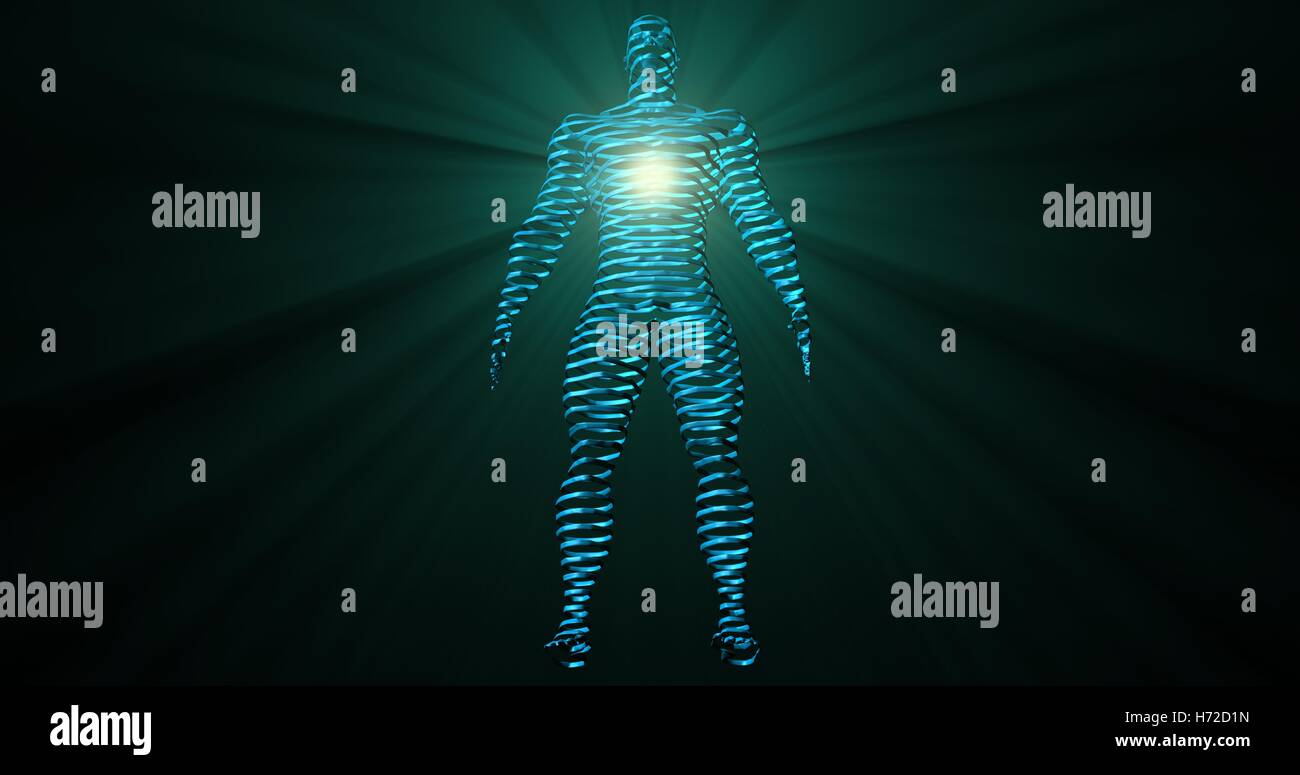 Glowing linear, stripped 3d man, rendered as 3d contour slices with glowing volumetric rays, light beams emanating from chest Stock Photo