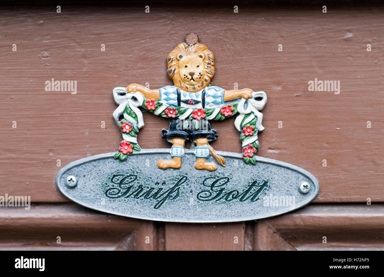 Gruess Gott sign on a door in Rothenburg ob der Tauber, Bavaria, Germany Stock Photo