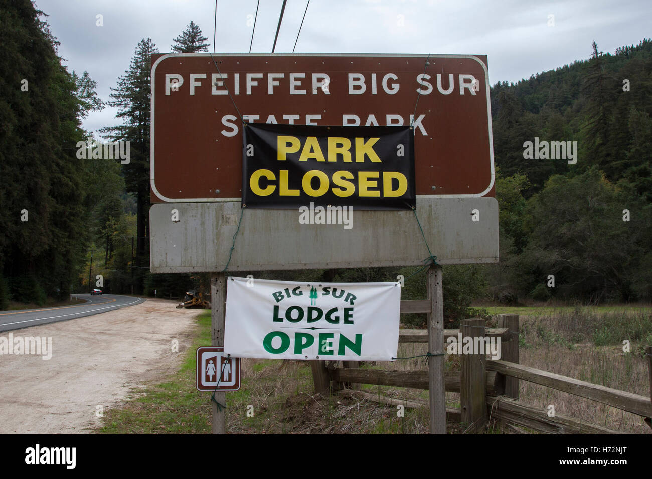 Pfeiffer Big Sur State Park is closed until spring 2017, due to the recent fires on the hills above the campground Stock Photo