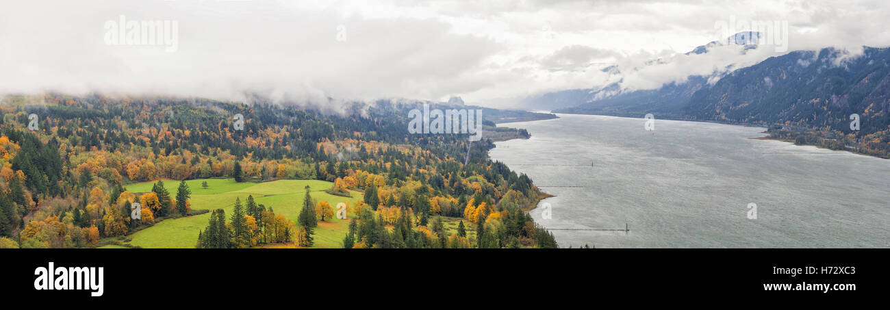 Fall Colors at Columbia River Gorge from Capehorn Lookout in Washington State in Autumn Panorama Stock Photo