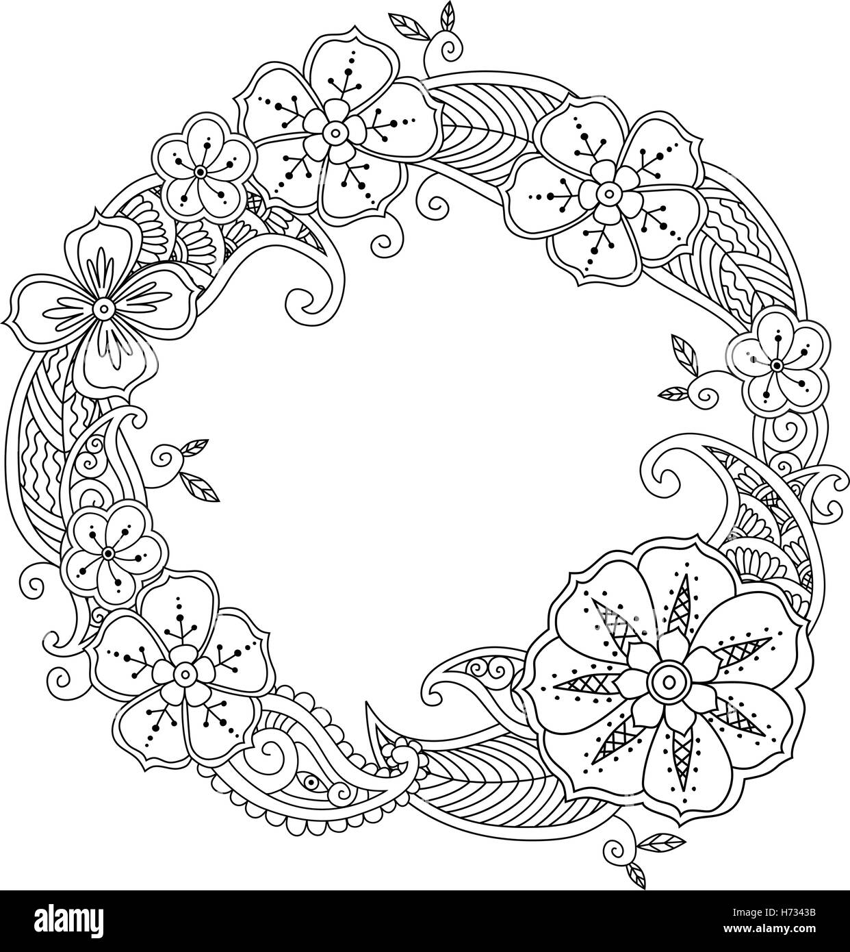 Floral hand drawn round frame in zentangle style isolated on white