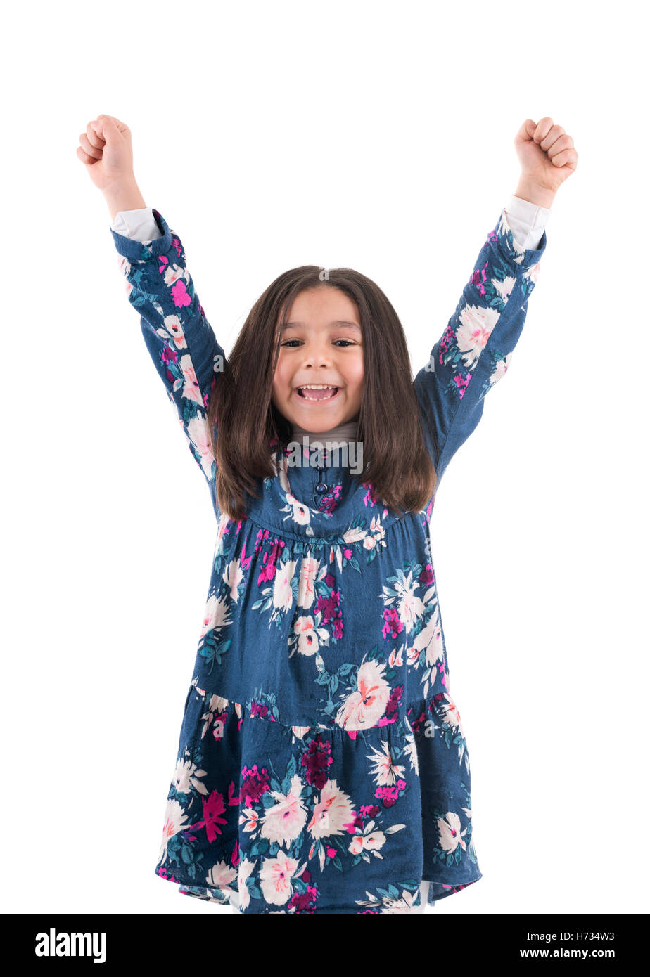 Happy Girl Raising Her Arms Up In The Air Isolated on White Stock Photo ...