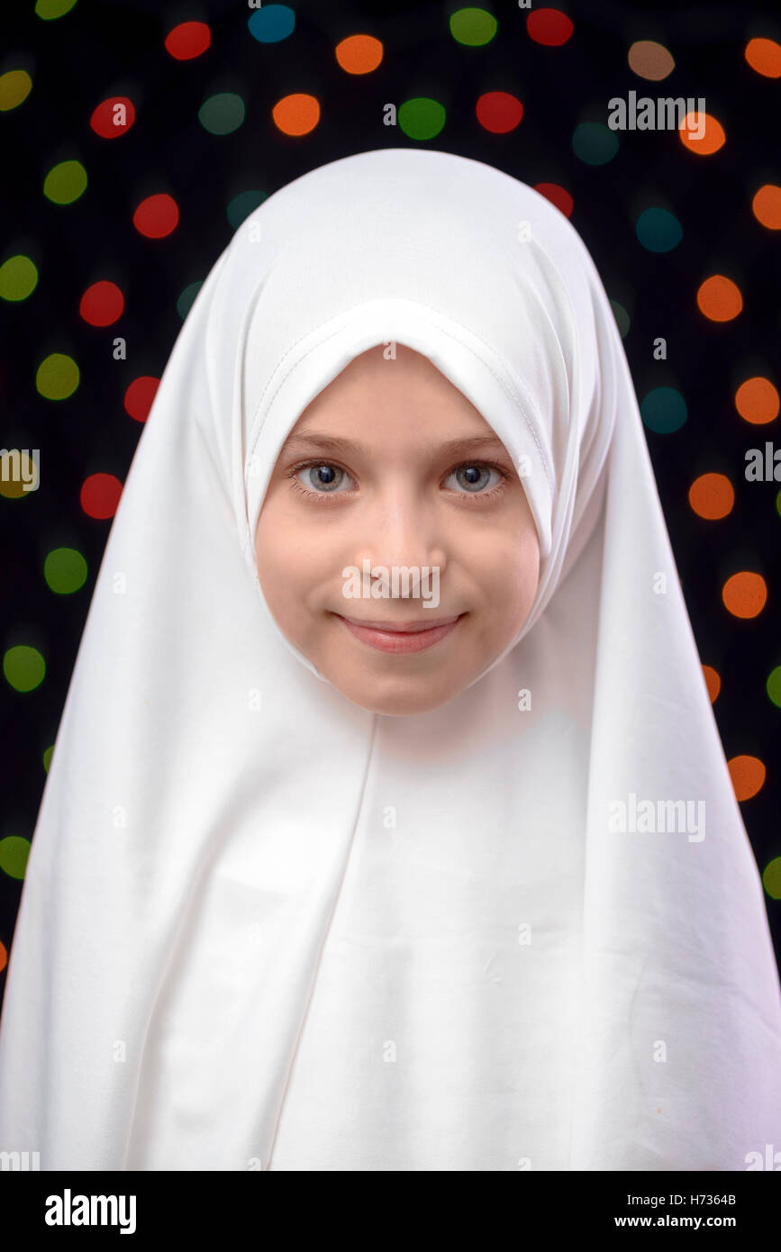 Muslim Girl Hejab on Defocused Night Lights Background Stock Photo