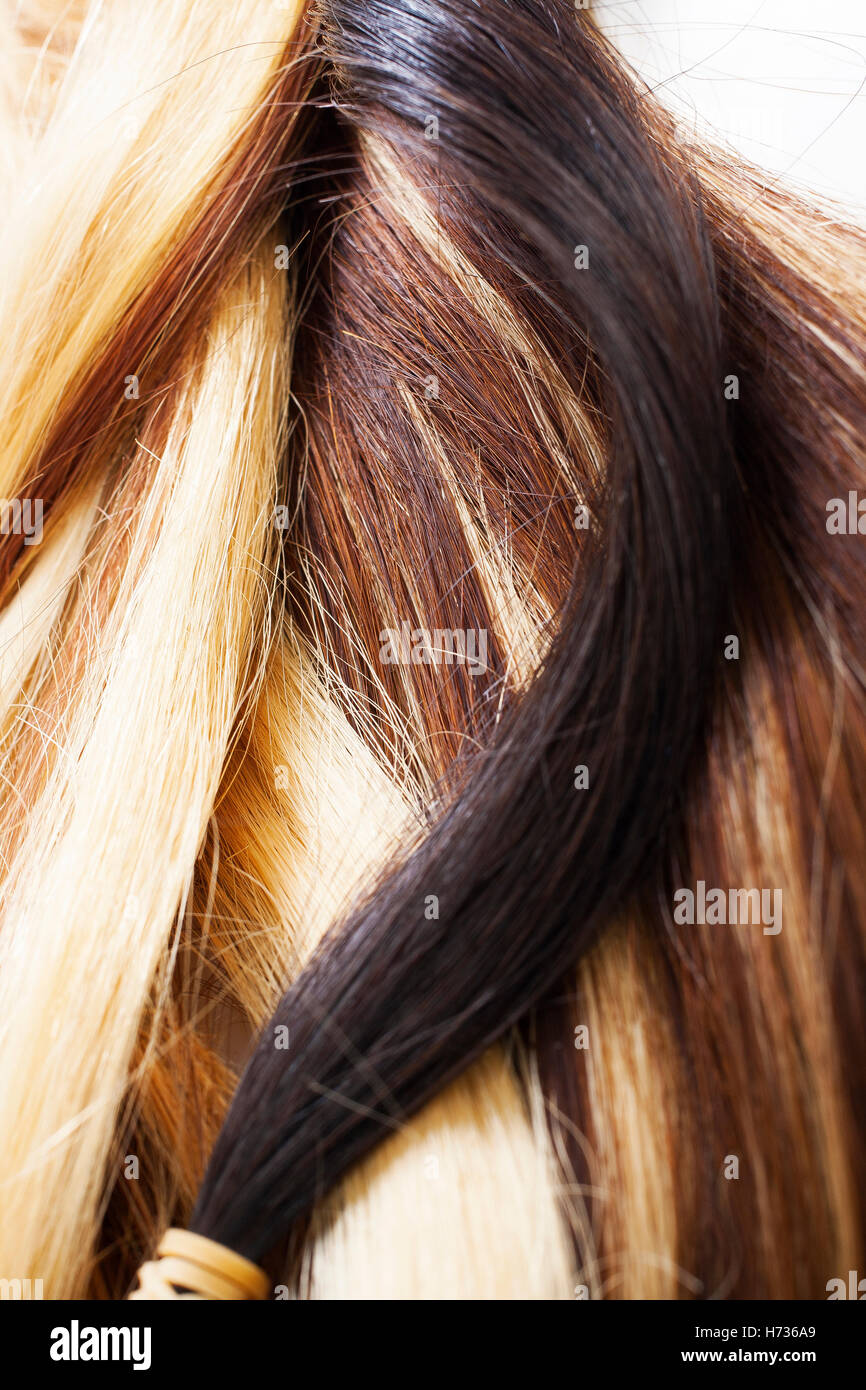 European human hair extension weft. Colored dry and silky hairs brown light  blond red mixed ombre colors. Curly straight texture Stock Photo - Alamy