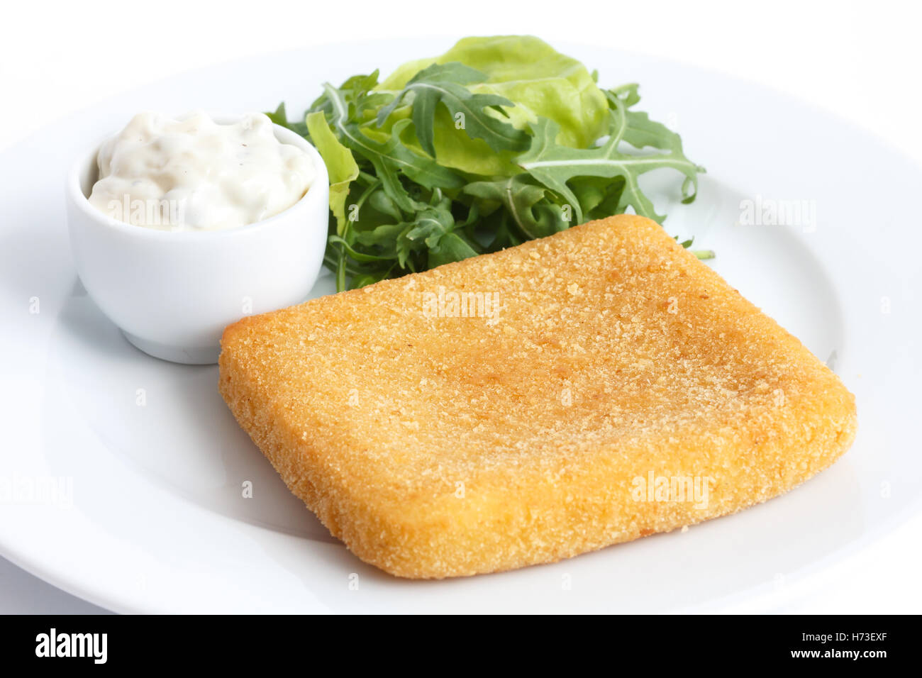 Plate of fried cheese, chips, tartar sauce, salad Stock Photo Alamy