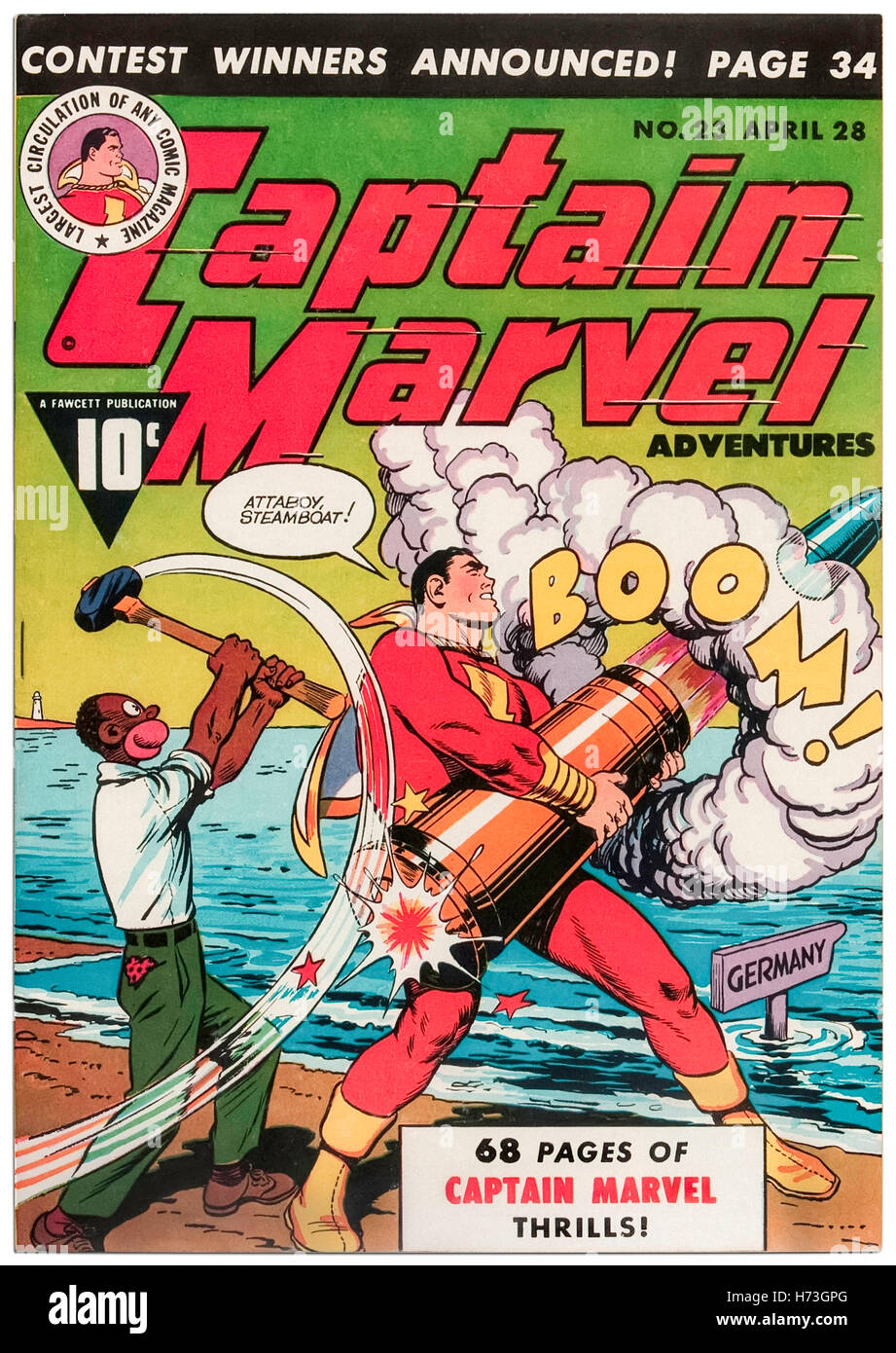 Captain Marvel Adventures Issue 23 April 1943, featuring cover art by C. C. Beck (1910-1989) published by Fawcett Comics featuring ‘Steamboat’ a racial stereotype of an African-American. The publishers issued guidelines in 1942 to eliminate offensive or subversive content; Steamboat was retired in 1945. Stock Photo