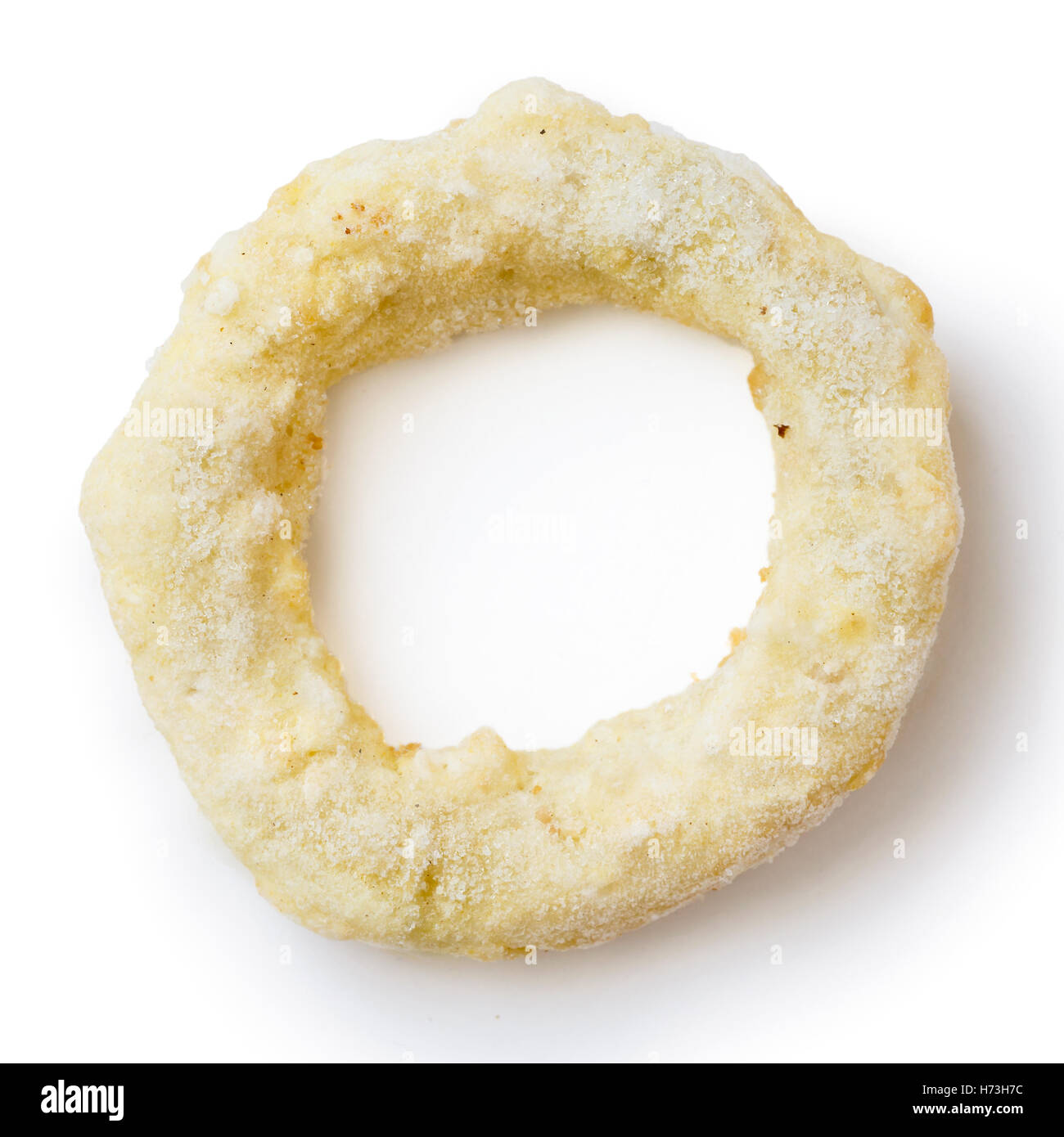 Single frozen battered onion or calamari ring isolated on white from above. Stock Photo