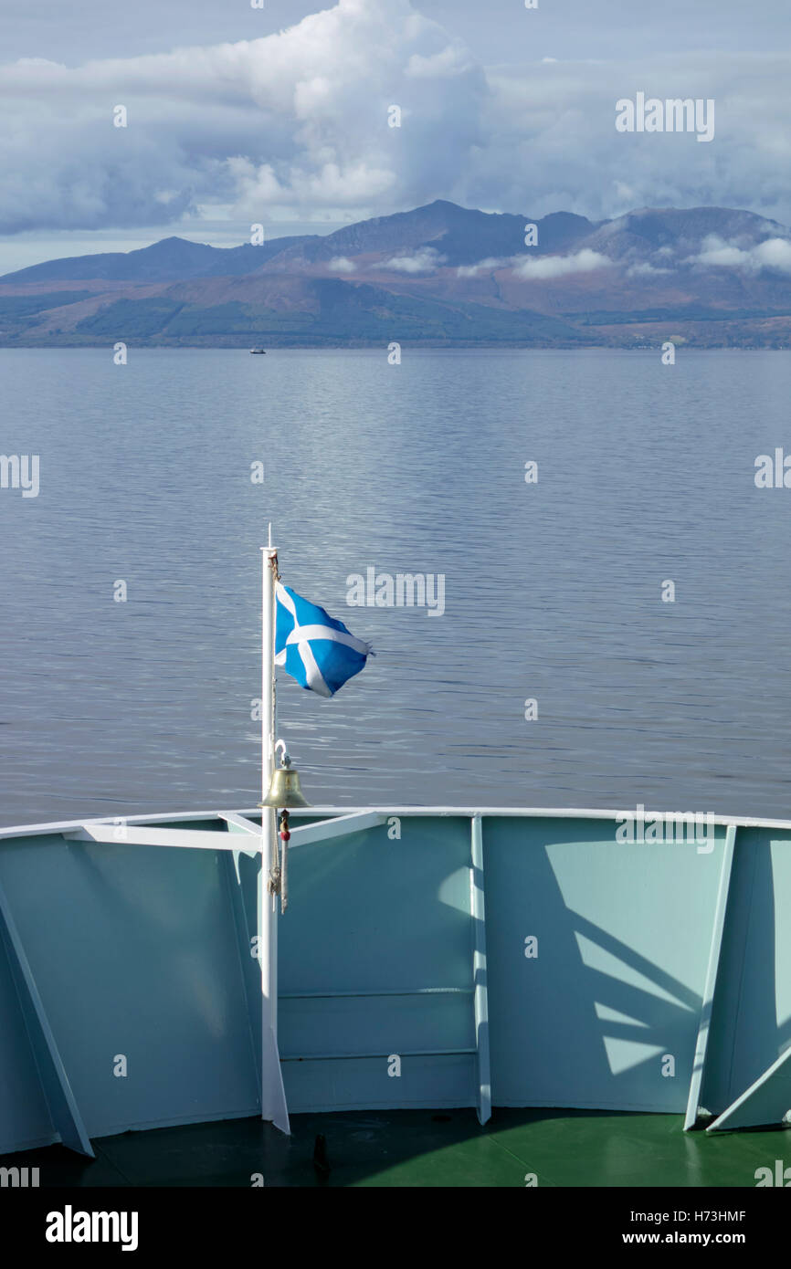 View of the Isle of Arran from the ferry crossing from Ardrossan to Brodick in Arran, Scotland. Stock Photo