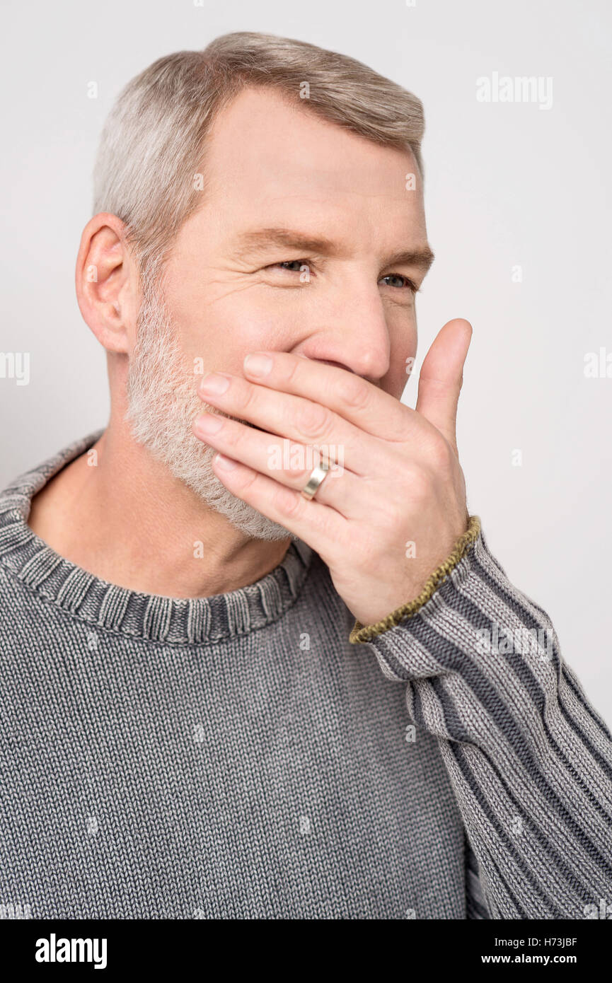 modern modernity male masculine lazy beard reaction sweater tired yawn expression posing bored aged other sleepy tedious Stock Photo