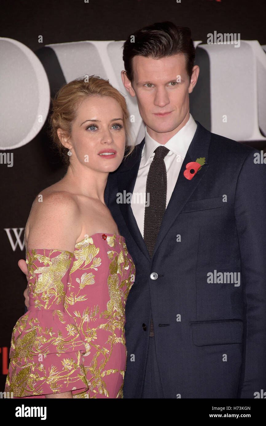 Claire Foy (left) and Matt Smith attending the season two premiere of The  Crown at the Odeon, Leicester Square, London Stock Photo - Alamy