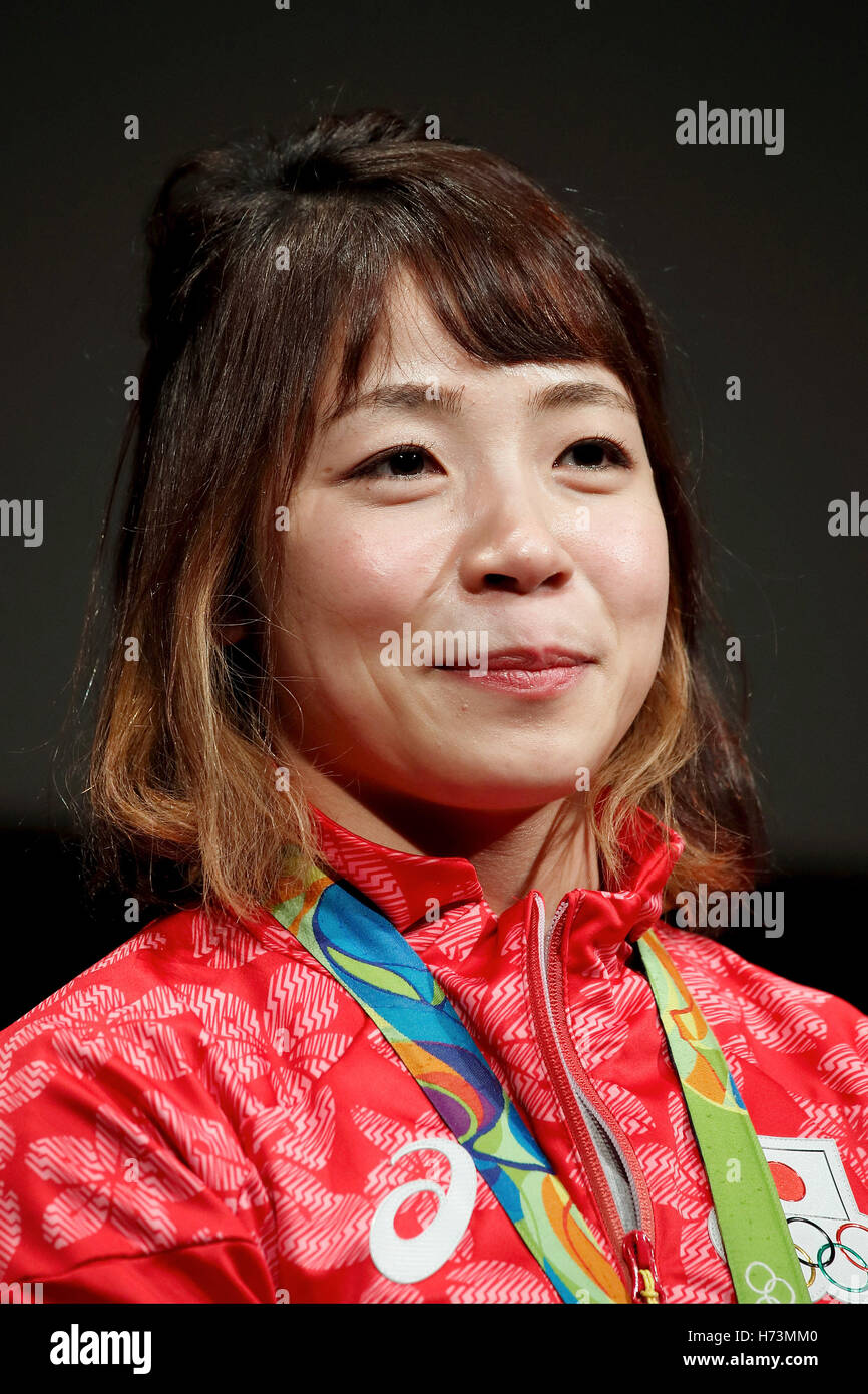 Olympic athlete Hiromi Miyake (WeightLifter) attends a talk show for