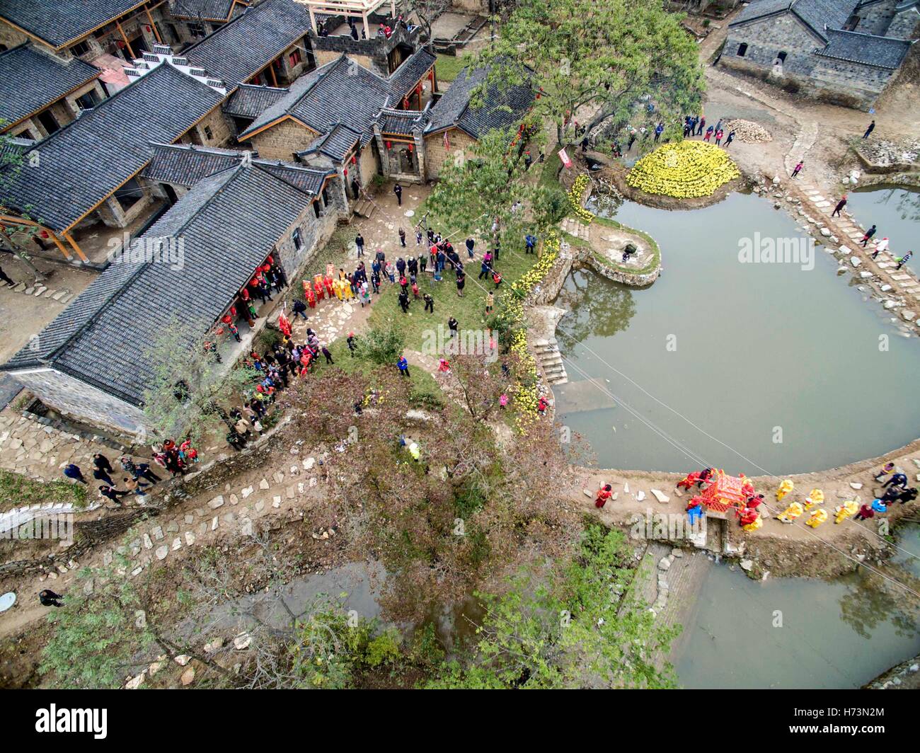 Dawu. 1st Nov, 2016. Aerial photo taken on Nov. 1, 2016 shows Jinling Village of Dawu County, central China's Hubei Province. After one year's effort, the impoverished Jinling Village became a tourist destination featuring ancient buildings and abundant nature resources. © Du Huaju/Xinhua/Alamy Live News Stock Photo