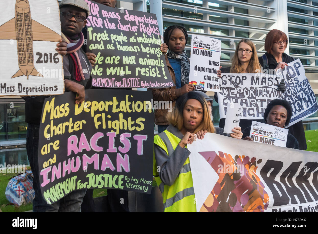 London, UK. 2nd November 2016. BARAC UK, Movement for Justice and other campaigners were at the Home Office to demand an end to forcible mass deportations such as the flight in September which took 42 people to Jamaica, many who had lived in the UK for decades and have partners, spouses, children and grandchildren here and some who were in process of becoming naturalised or appealing deportation. Peter Marshall/Alamy Live News Stock Photo