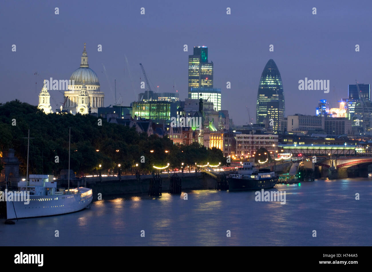 City of London skyline at night, St. Paul's Cathedral, Swiss Re Tower, London, England, United Kingdom, Europe Stock Photo