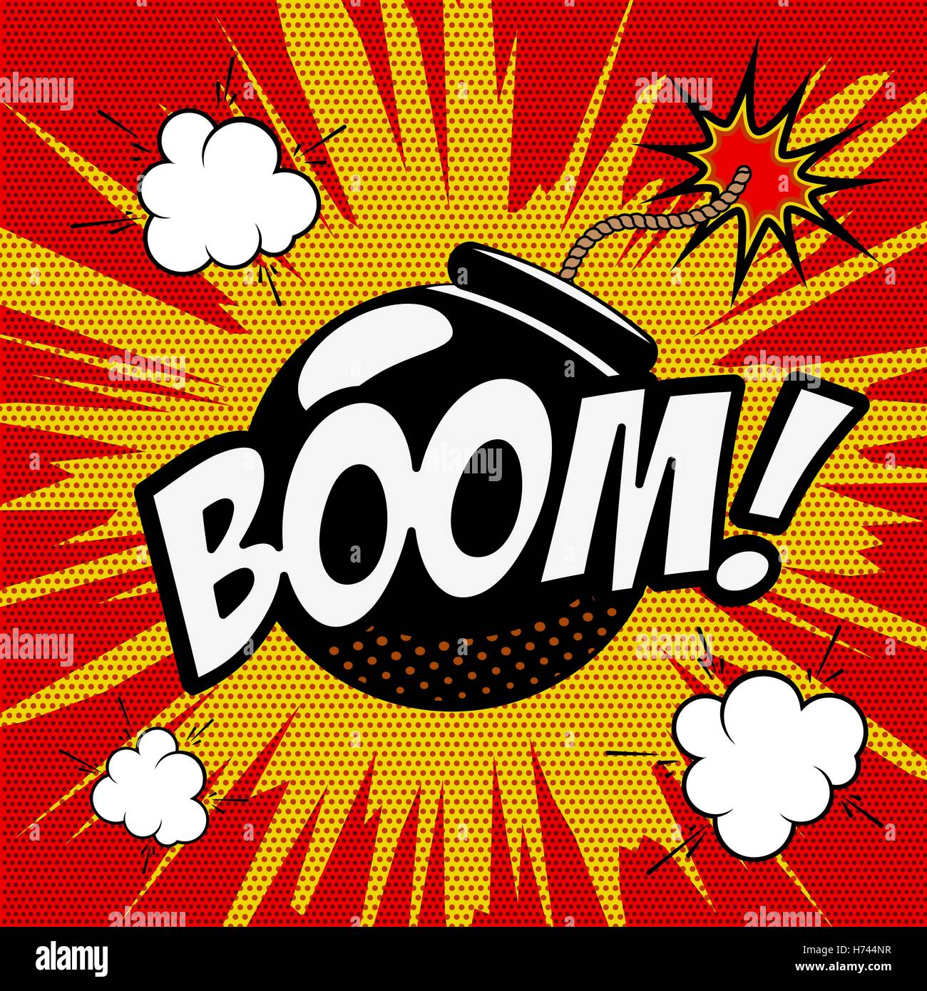 Boom! Comic style phrase on colorful background. Cartoon bomb explosion. Vector illustration. Stock Vector