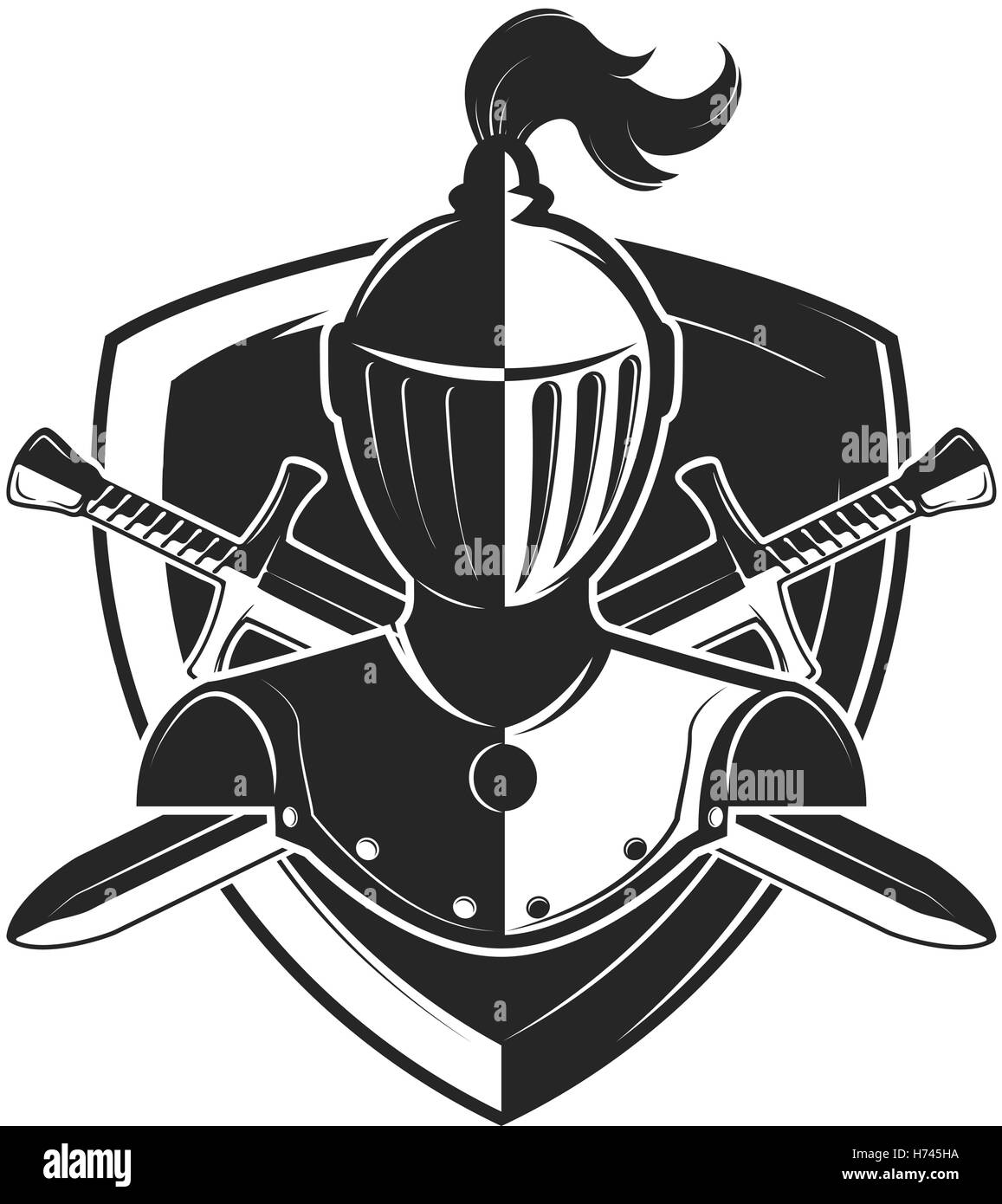 Knight helmet with two swords and shield isolated on white Stock Vector
