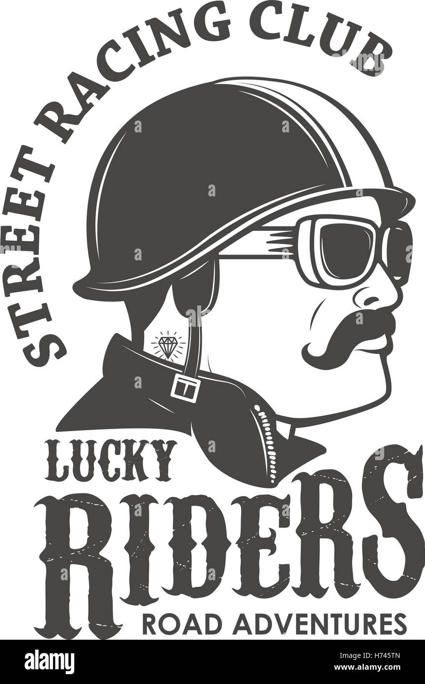 racing club emblem template. Street racing club. Lucky Riders. Men's head in vintage racer helmet. Vector illustration. Stock Vector