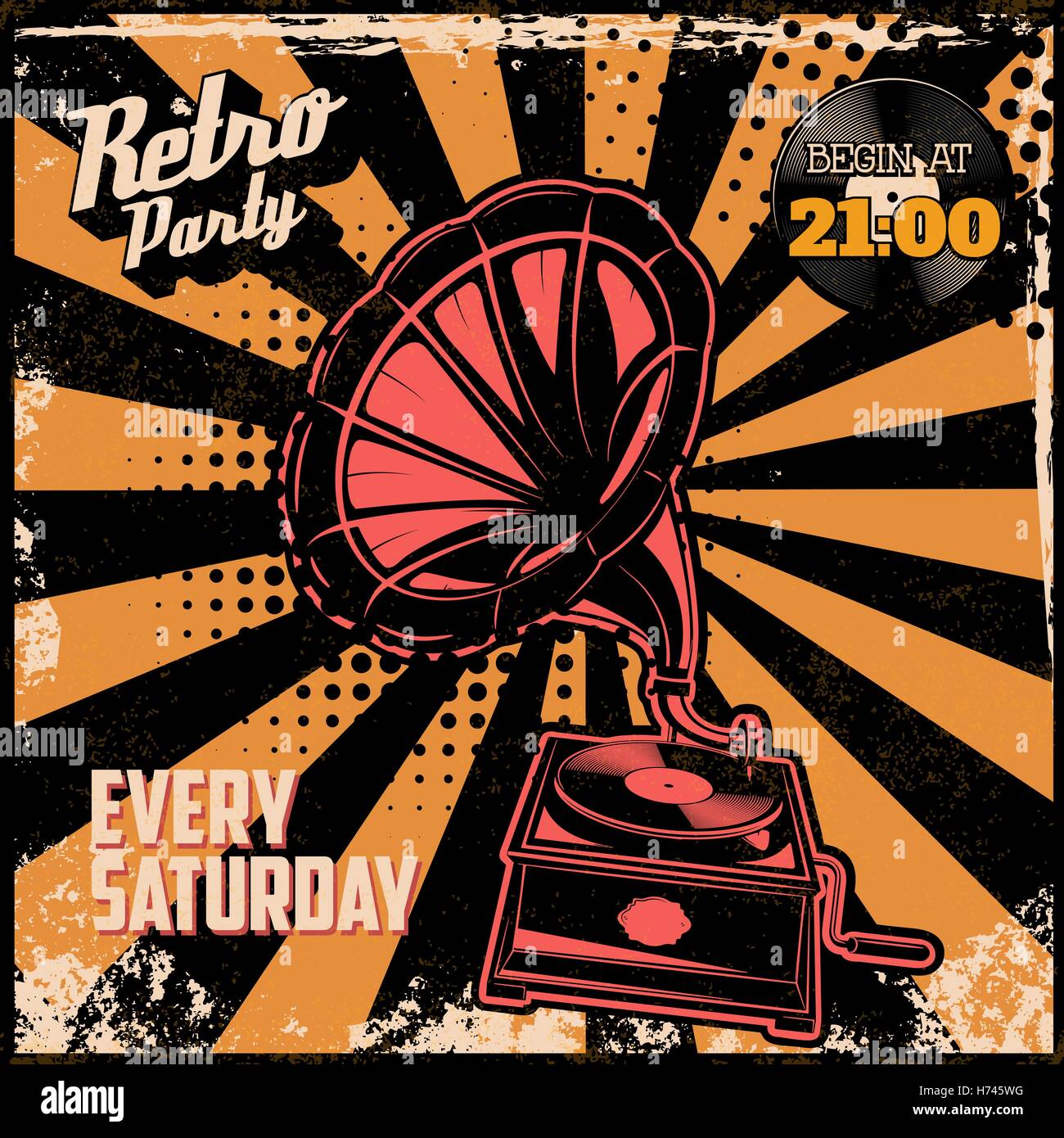 Retro party vintage poster template. Vintage style gramophone on grunge  background. Design element for flyer, poster. Vector ill Stock Vector Image  & Art - Alamy