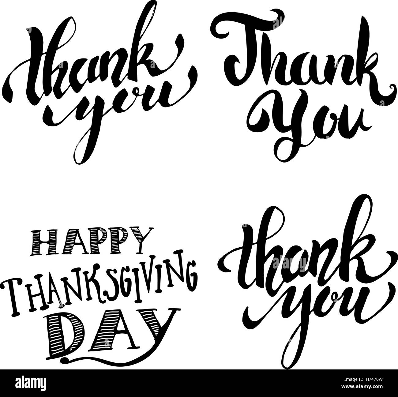 Thank you. Happy Thanksgiving Day. Hand drawn lettering isolated on white background. Design element for poster, greeting card,  Stock Vector