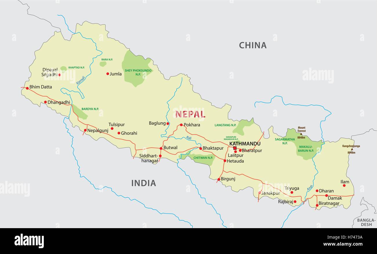 Nepal road and national park map Stock Vector