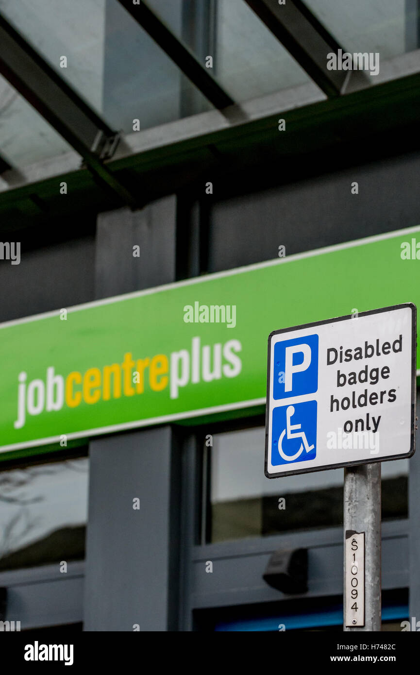 Disabled badge holder sign for parking outside a Job Centre Plus Office
