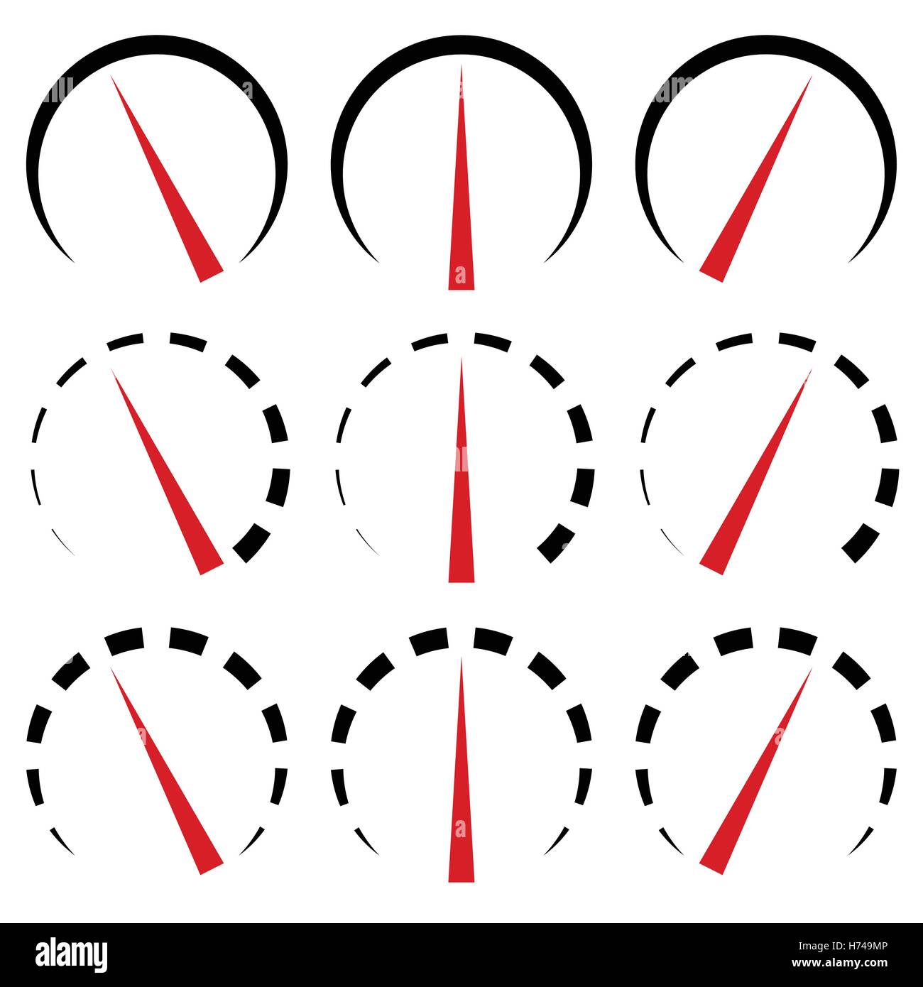 Meter displays, gauges set at 3 level. (Lines in 3 different version
