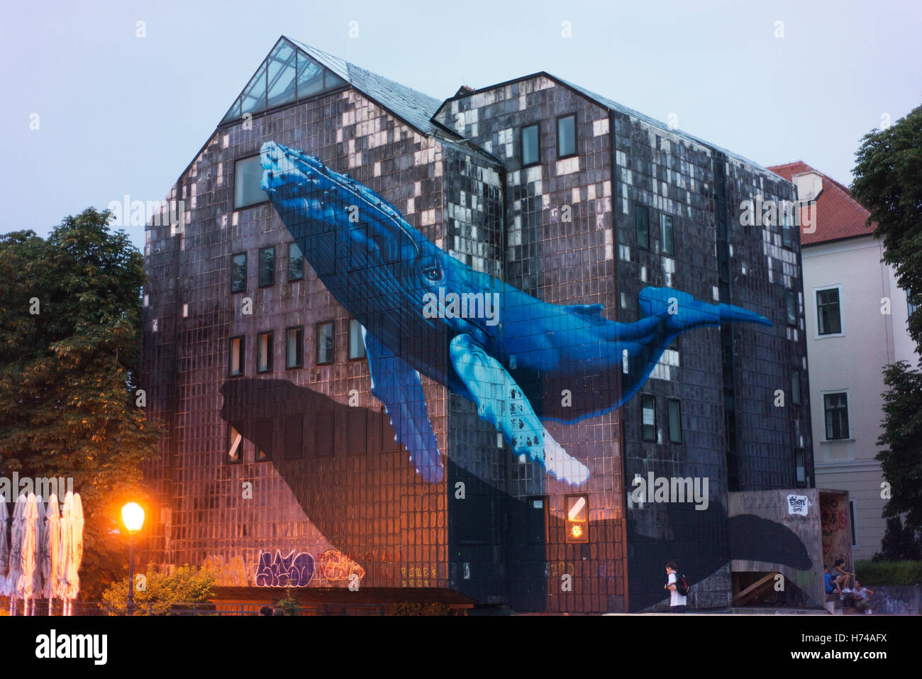 Mural of a whale on the side of a building in Zagreb's Upper (old) Town. Stock Photo
