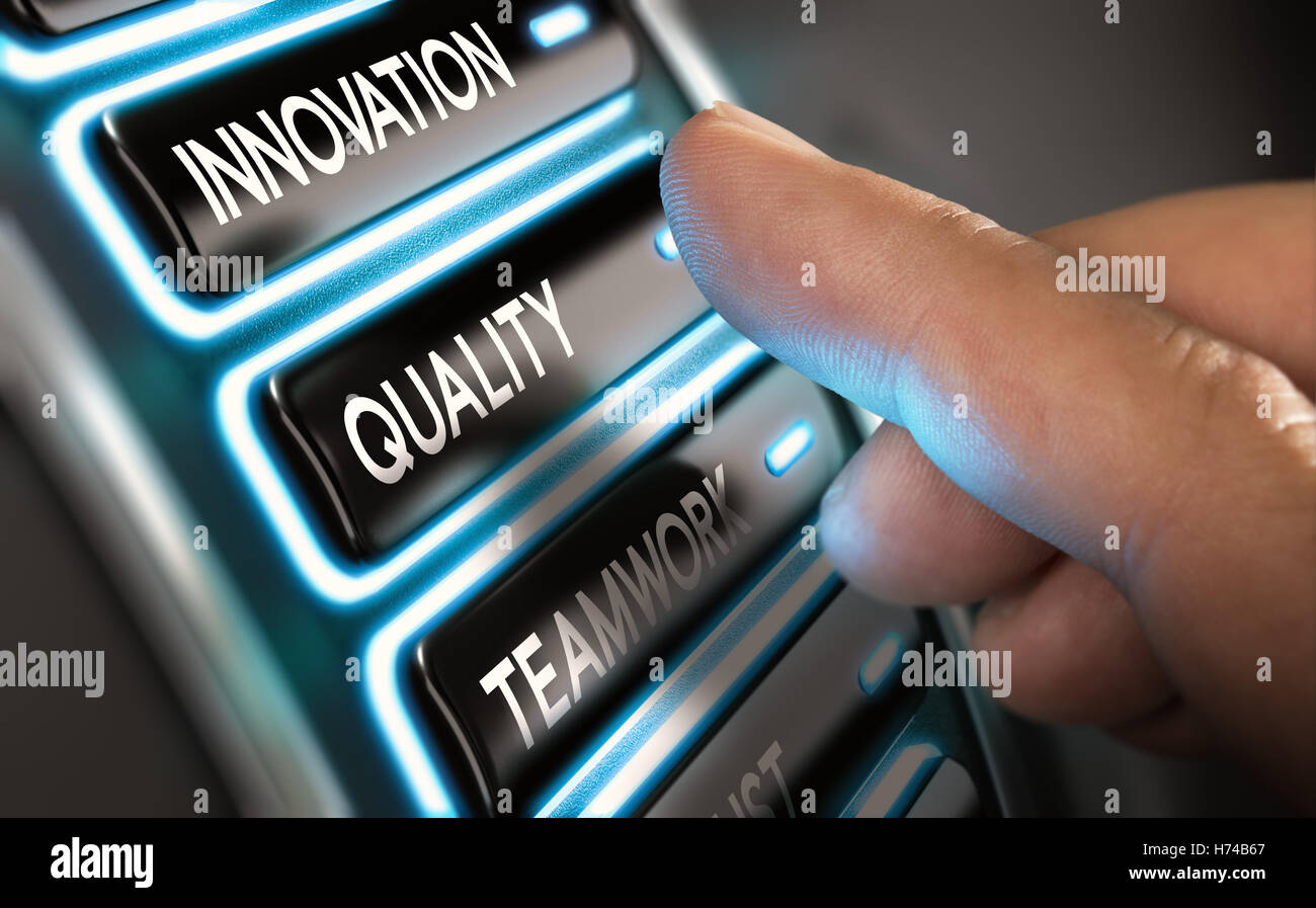 Finger press a quality button on a dashboard. Modern user interface design with blue tones. Concept of company statement value. Stock Photo