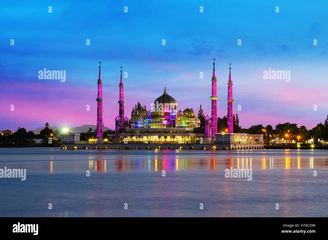 Night view of crystal mosque in Kuala Terengganu, Malaysia. Crystal mosque is beautiful mosque in Malaysia. Stock Photo