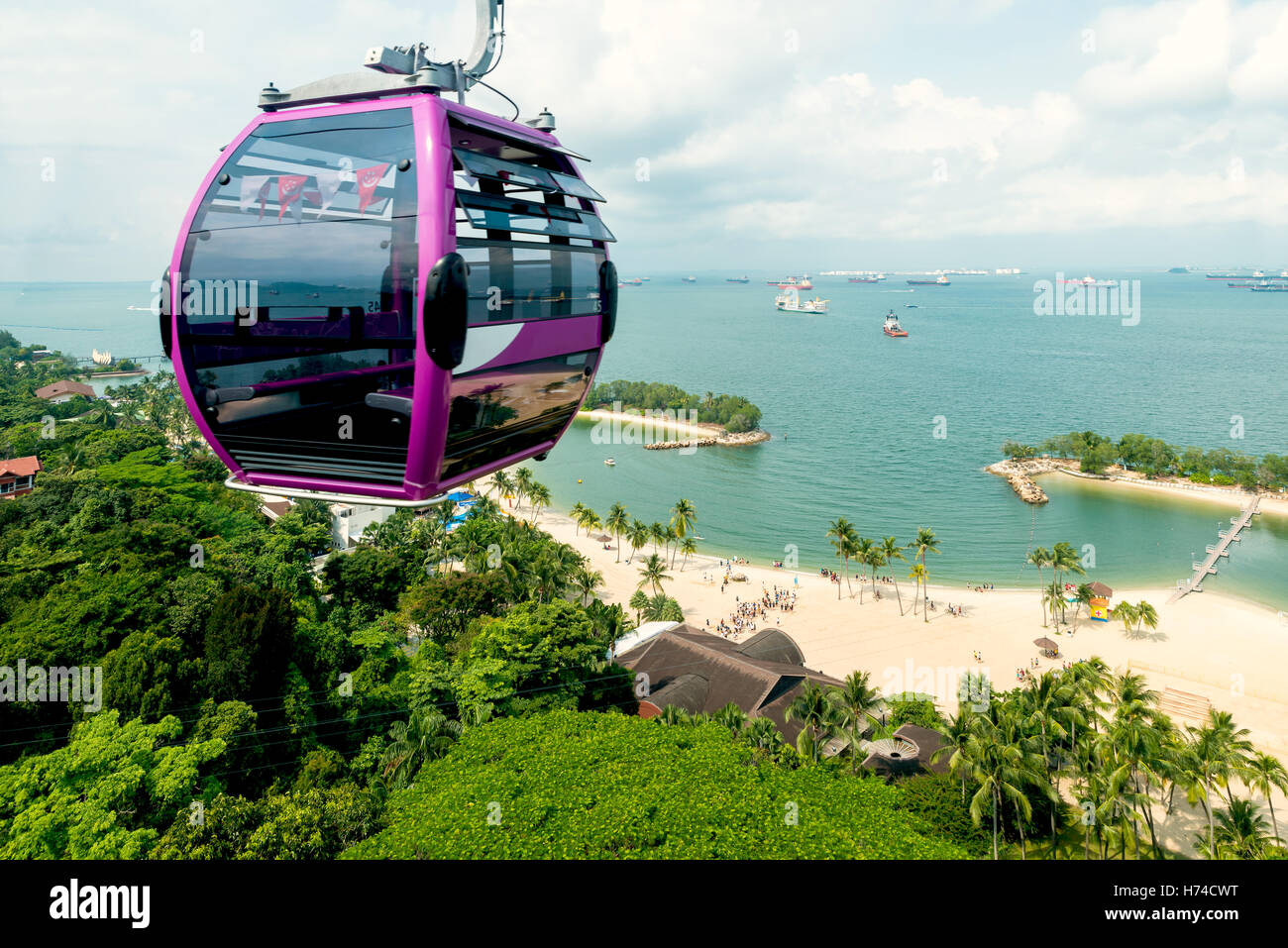 Singapore cable car in Sentosa island with aerial view of Sentosa island in Singapore. Stock Photo