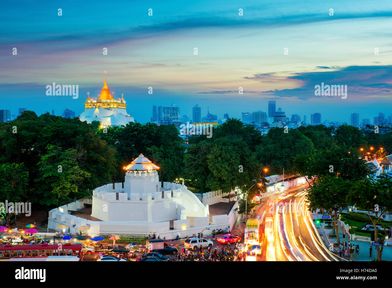 The Golden Mountain and Pom Maha Kan travel landmark of Bangkok ,Thailand Stock Photo