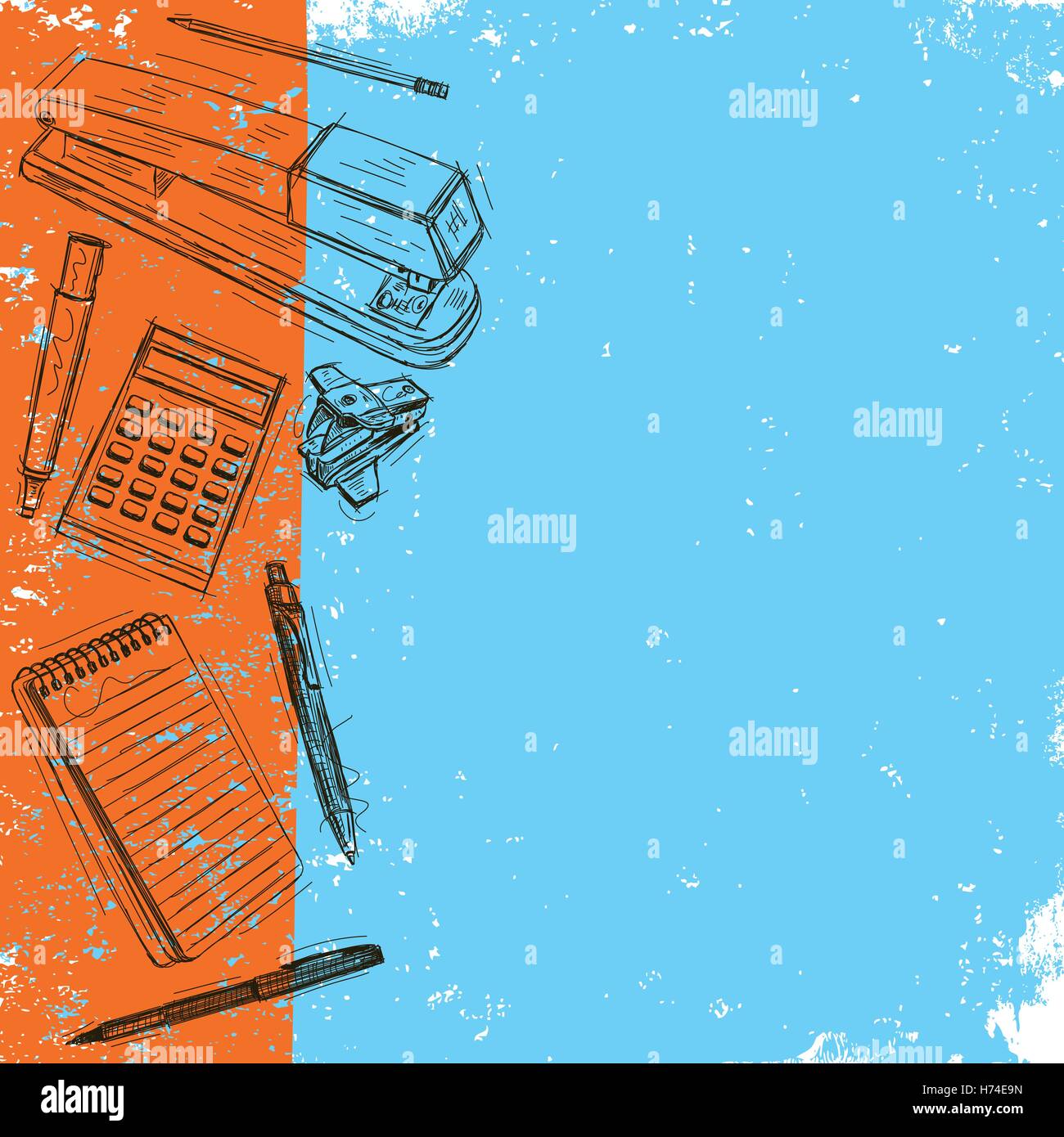 Office Supplies Background Sketchy, hand drawn office supplies over an