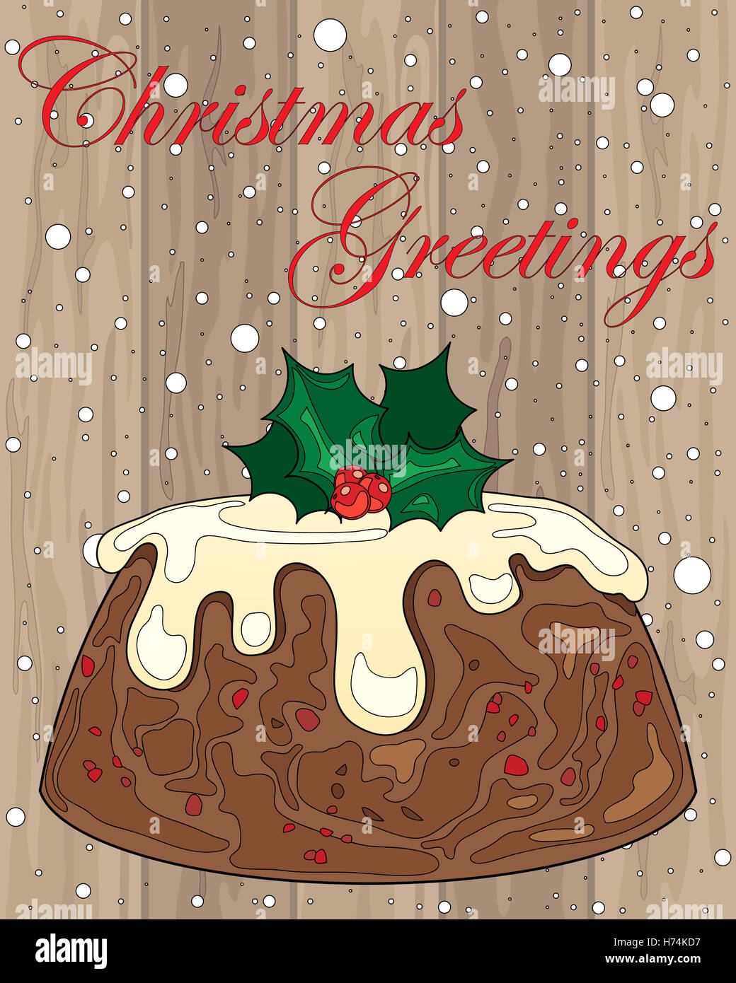 an illustration of a Christmas pudding with cream and holly decoration