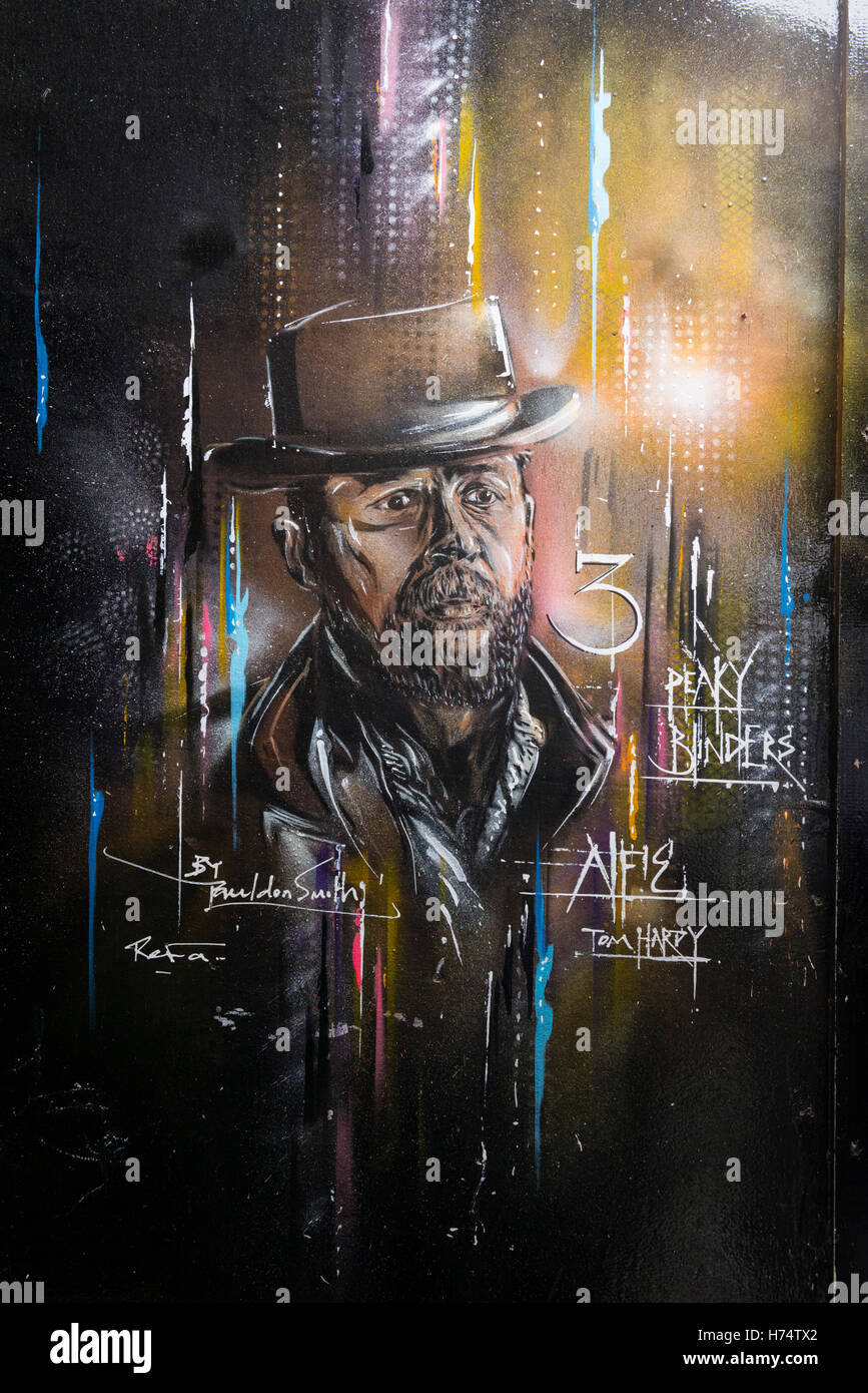 London West End mural painting graffiti by pub of Alfie Tom Harry of Peaky Blinders by Paul don Smith Stock Photo