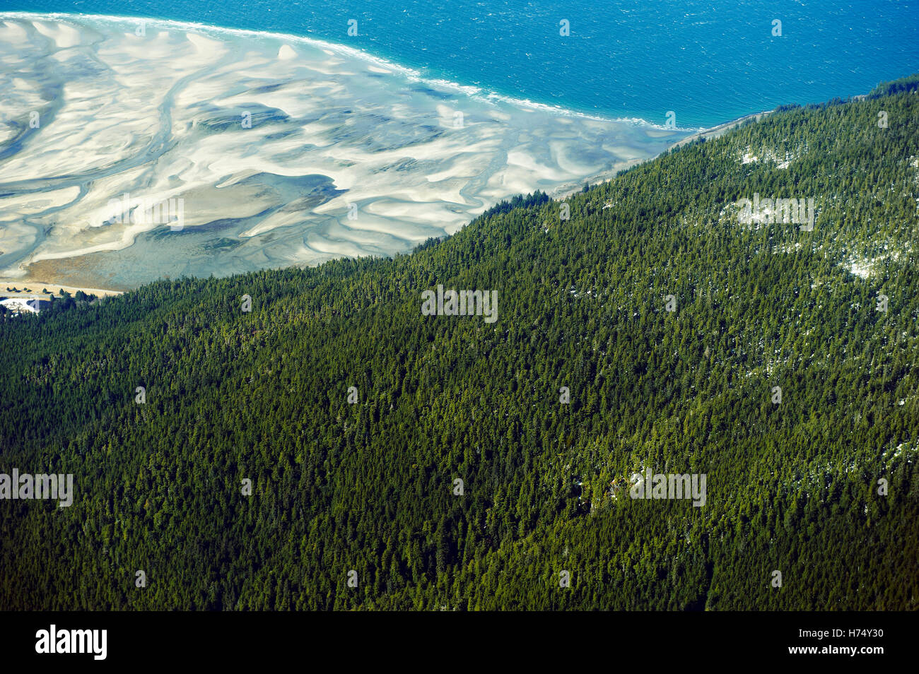 An aerial view of the Chilkat Inlet and surrounding mountains between