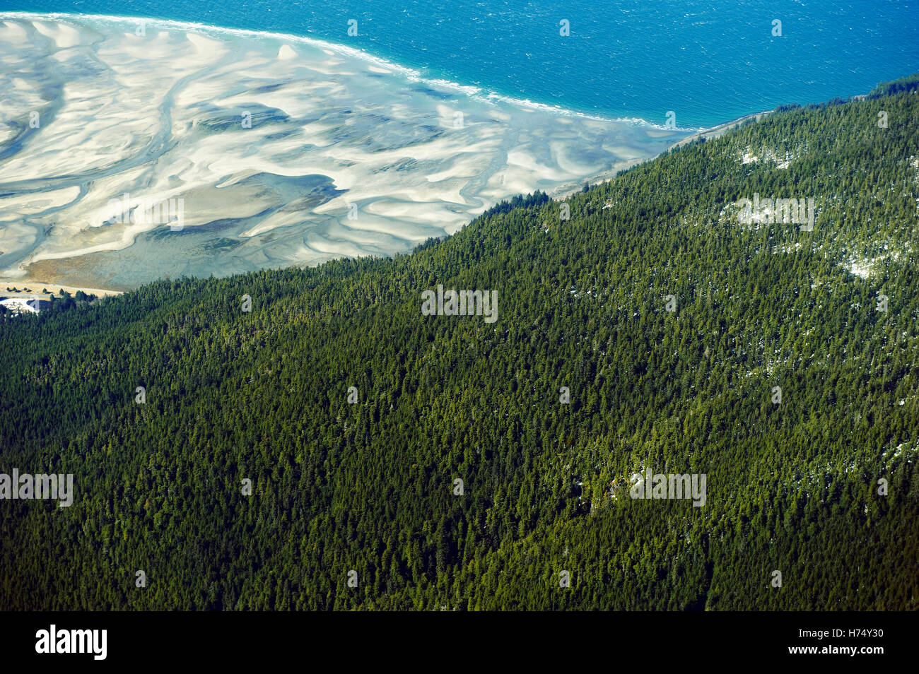An aerial view of the Chilkat Inlet and surrounding mountains between Haines and Juneau, AK. Stock Photo