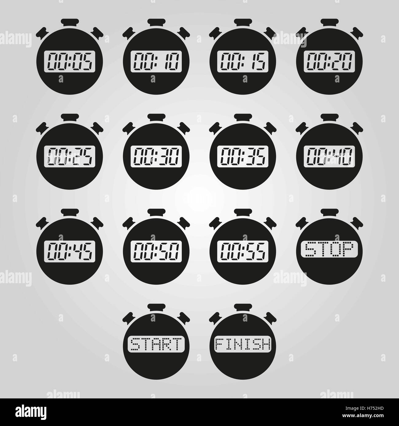 The stopwatch icon, set of 14 icons. Clock and watch, timer, countdown ...