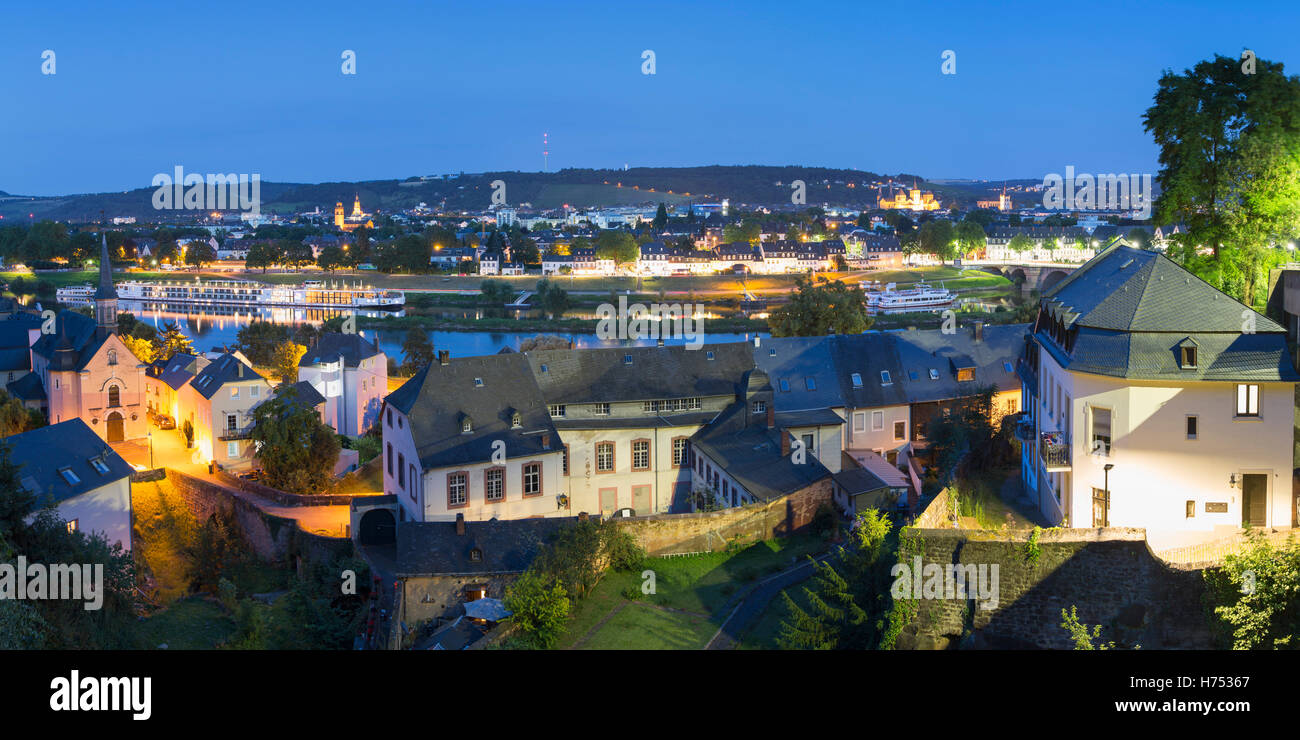 View of River Moselle and Trier at dusk, Rhineland-Palatinate, Germany Stock Photo