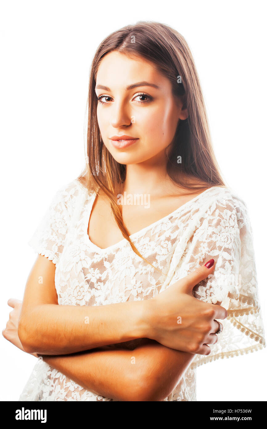 young beauty woman smiling dreaming isolated on white close up e Stock ...